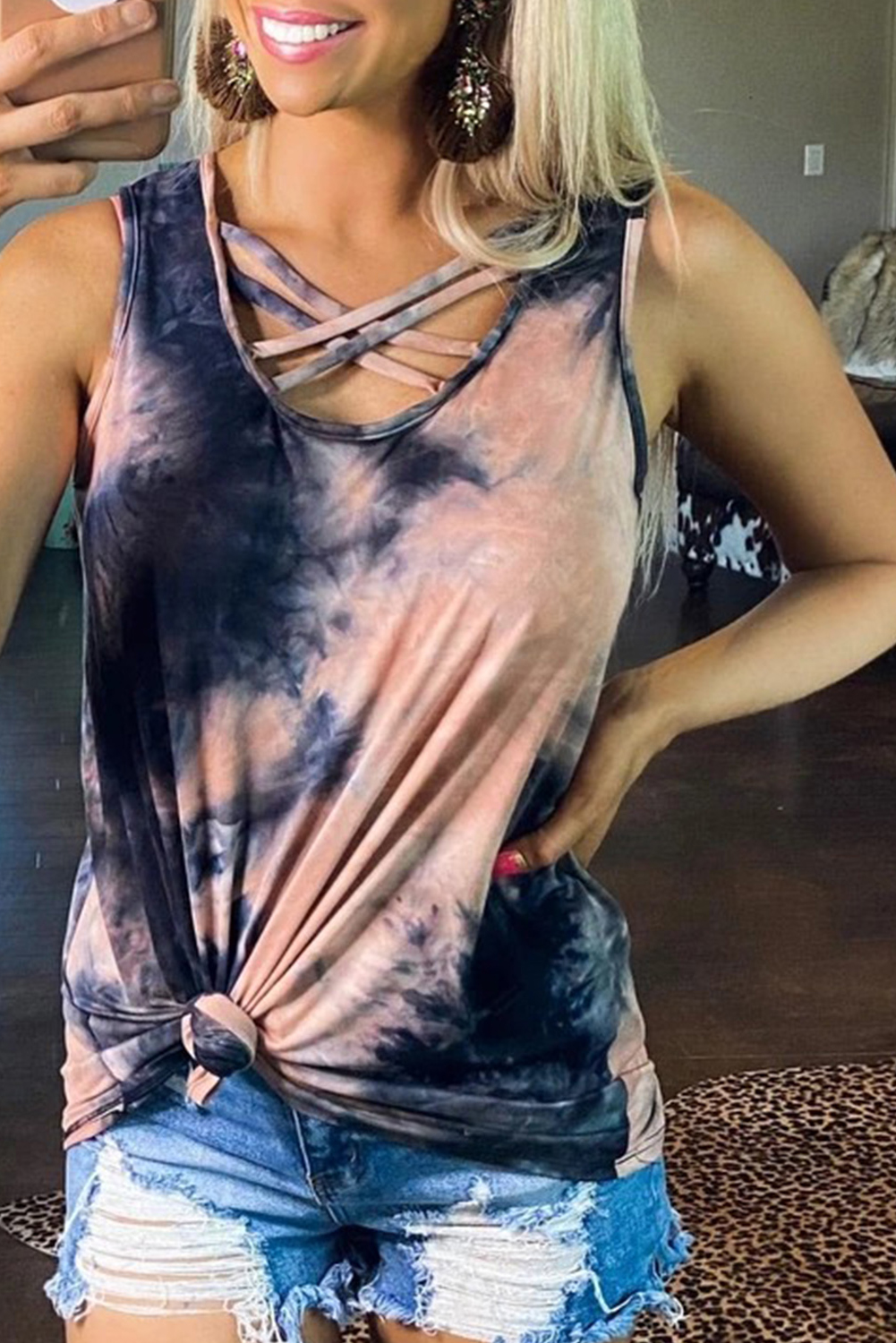 US 4.58 Dropshipping Black and Tan TieDye Cross Front Tank Top for Women