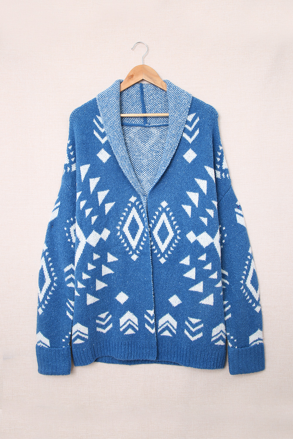 Us Drop Shipping Blue Aztec Print Open Front Knitted Sweater For