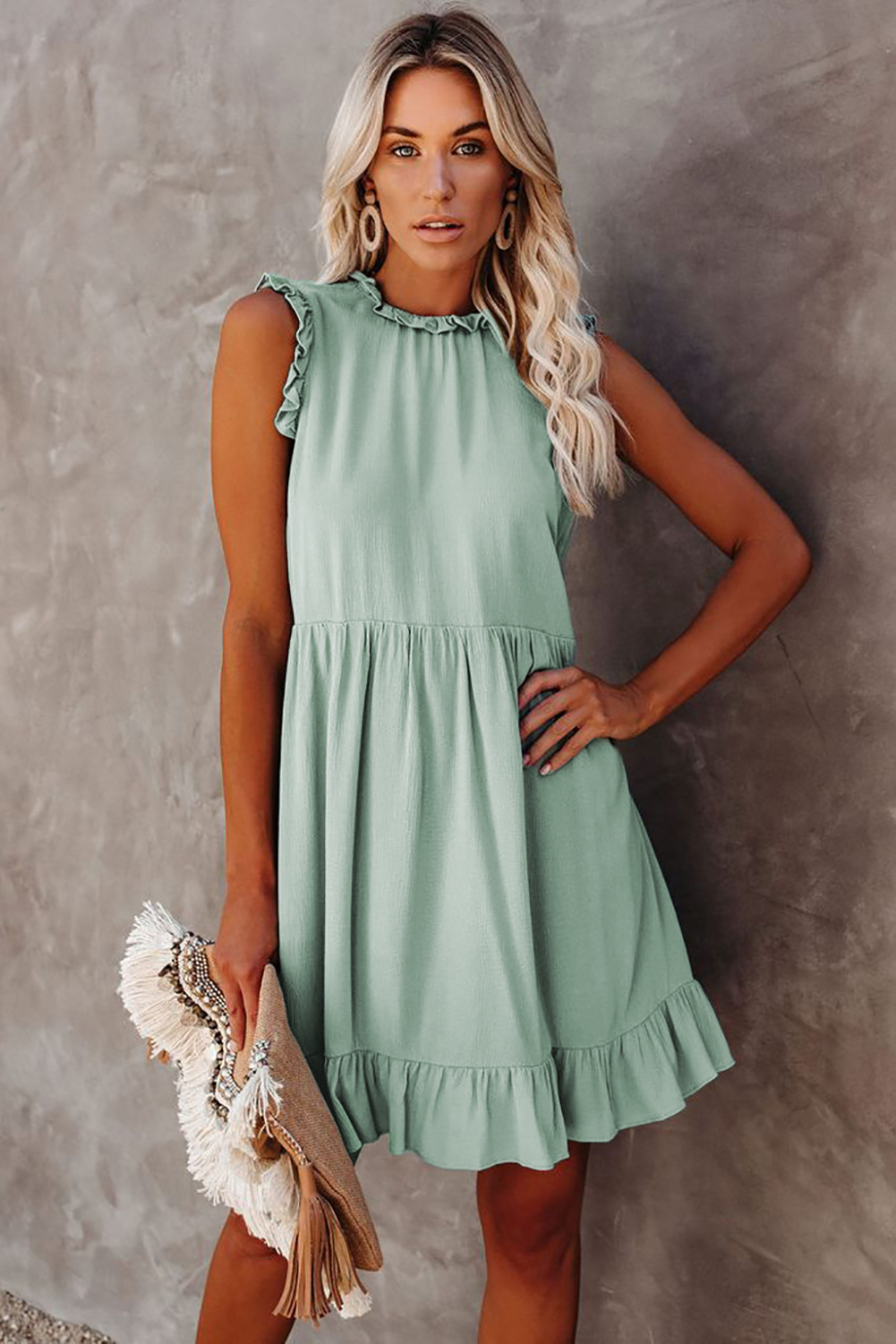 US 9.89 Dropshipping Green Pocketed Ruffle Babydoll Dress for Women