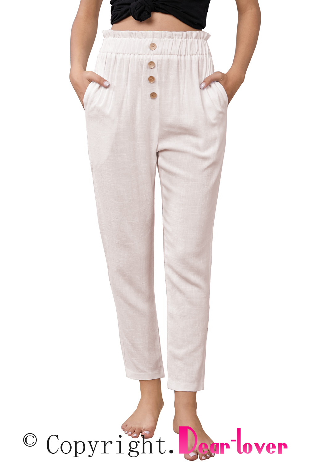 US 7.94 Dropshipping Apricot Linen Blend Pocketed Pants for Women