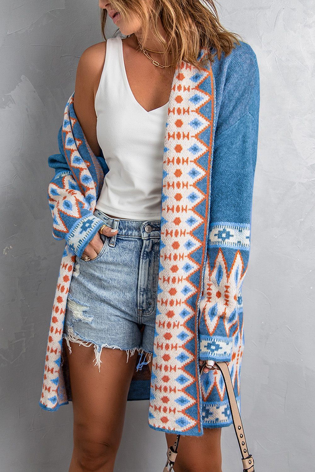 Ariah Aztec Print Open Front Knitted Cardigan