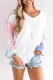 White V Neck Tie-dye Knitted Texture Hollow Out Puff Long Sleeve Top