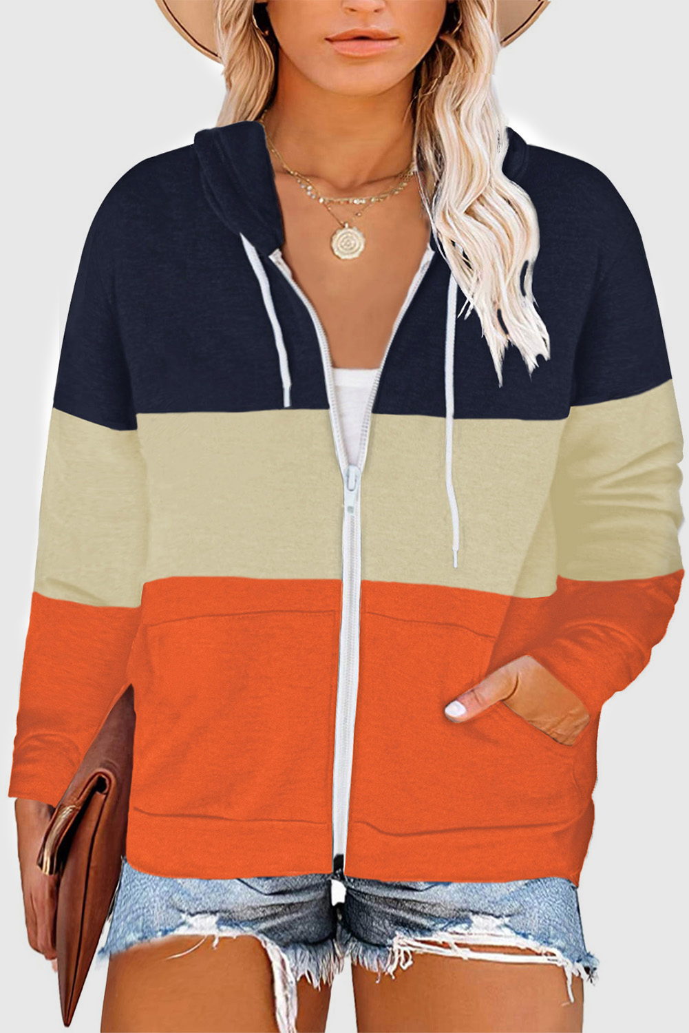 US 12.63 Dropshipping Orange Black Orange Color Block Zipper