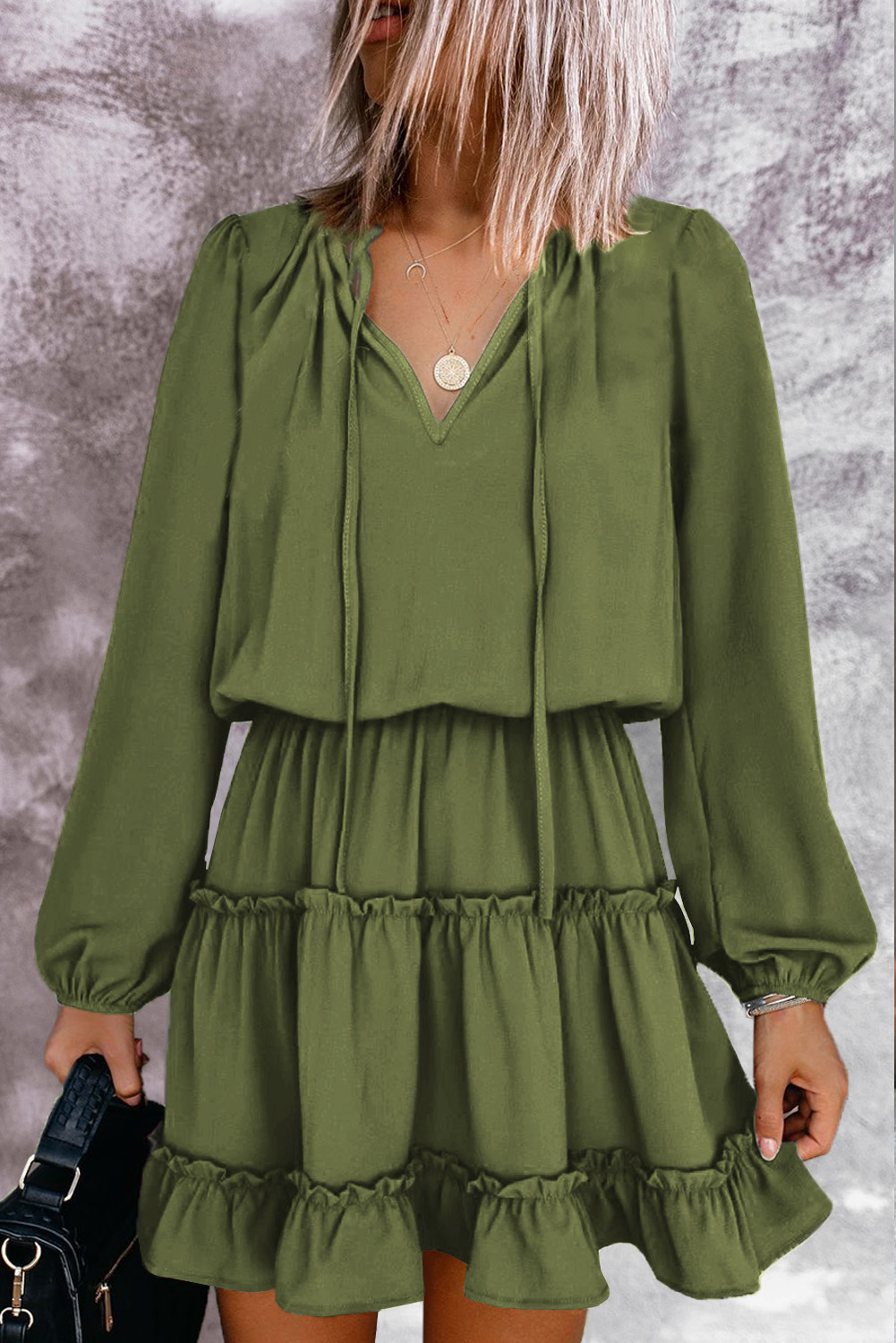 US 10 24 Drop Shipping Army Green V Neck Long Sleeve Ruffle Tiered