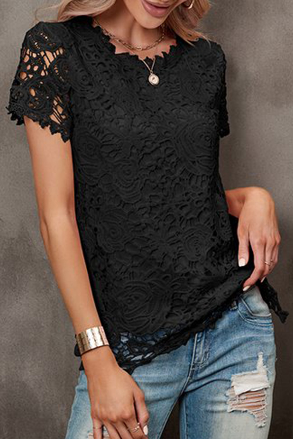 Us Drop Shipping Black Lace Overlay Short Sleeve Top For Women