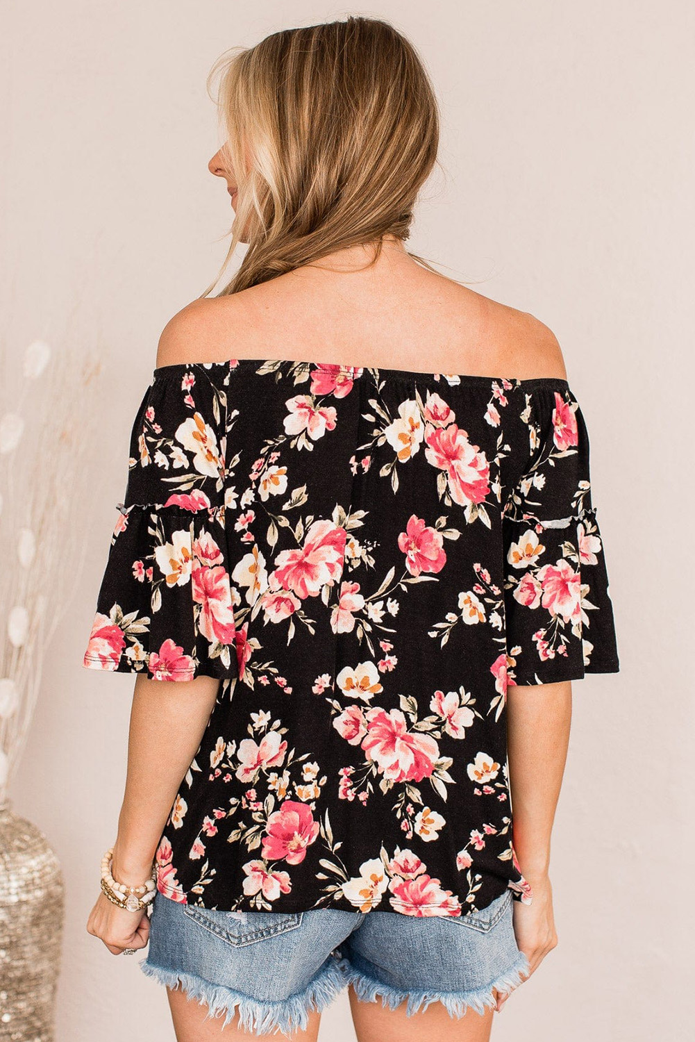 Pre-Order  Black Floral Smocked Off Shoulder Plus Size Blouse
