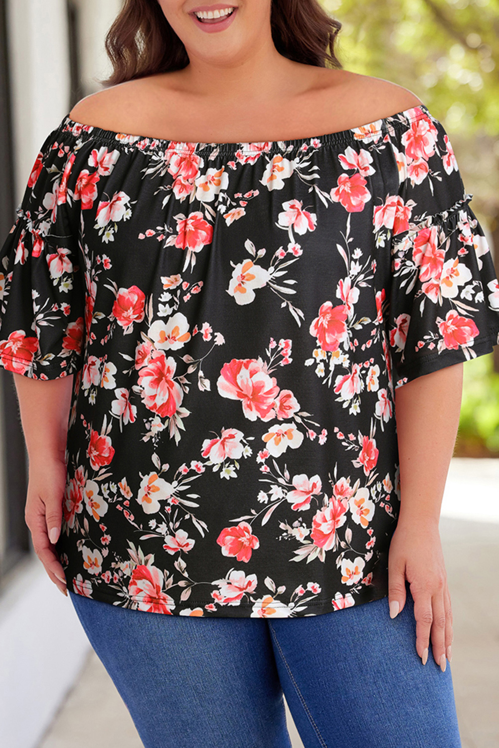 Printed Off Shoulder Plus Size Blouse