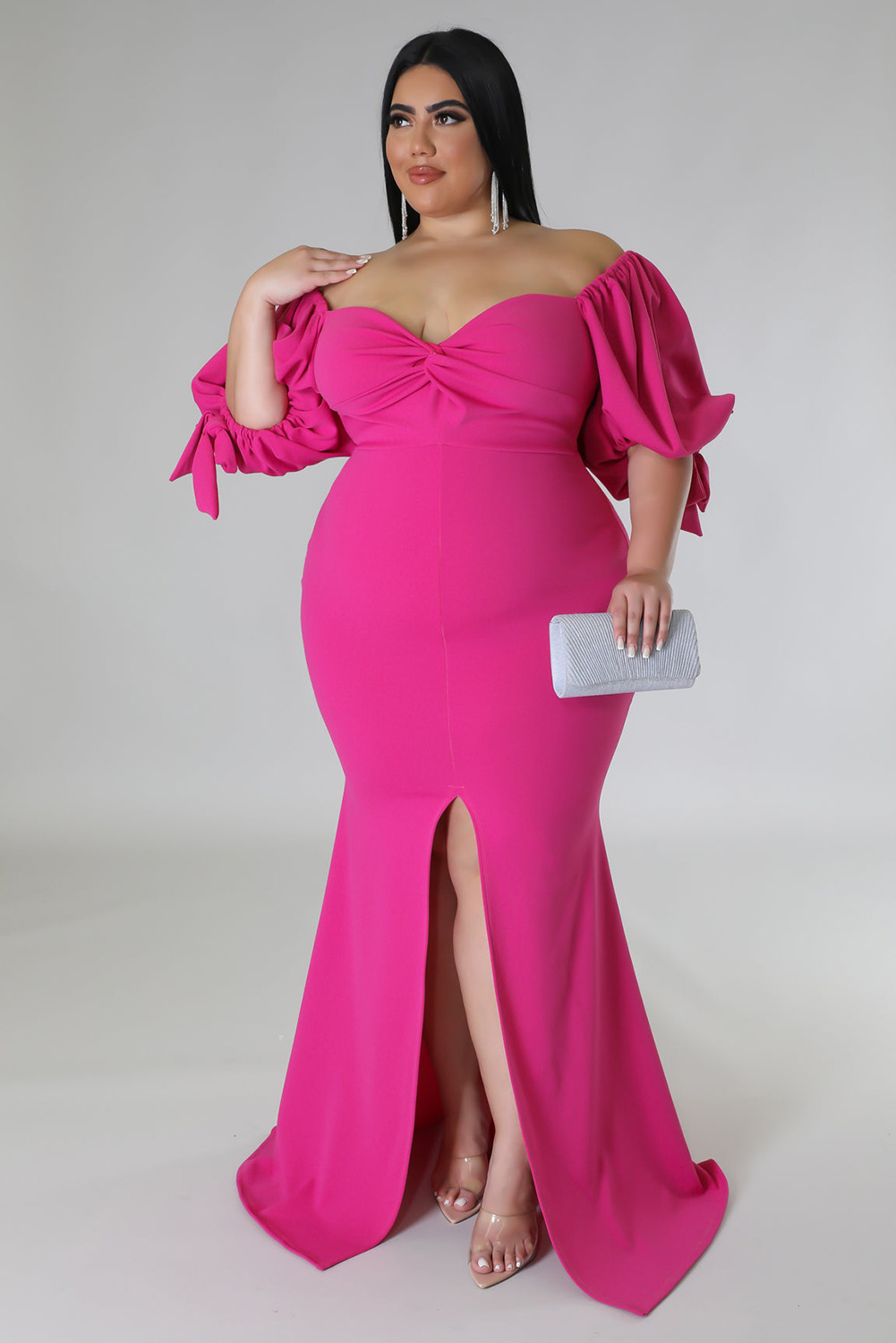 US$ 14.15 Drop-shipping Rose Bow Tie Puff Sleeve Plus Size High Slit ...