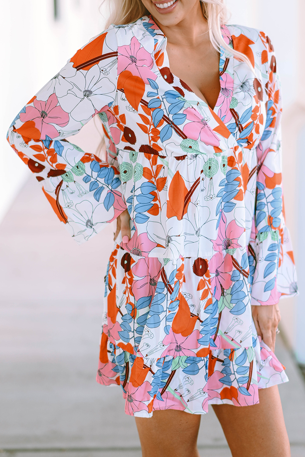 US$ 8.63 Drop-shipping White Floral Tiered Mini Dress for Women