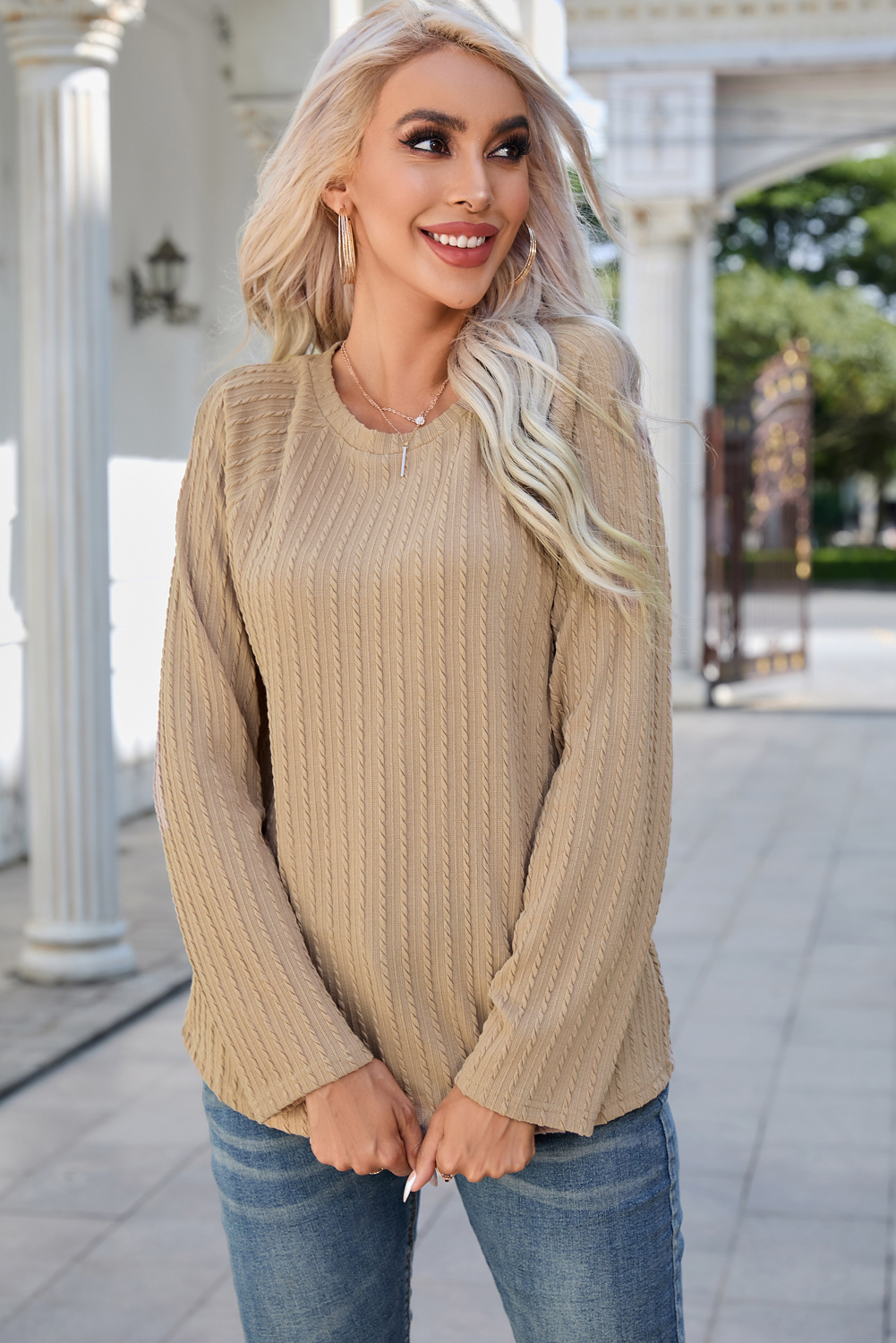 Womens Ribbed Round Neck Long Sleeved Top Stone main image 1