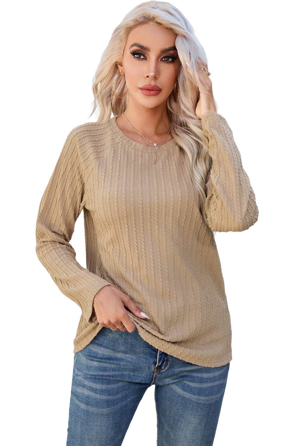 Ribbed Round Neck Long Sleeve Sweatshirt