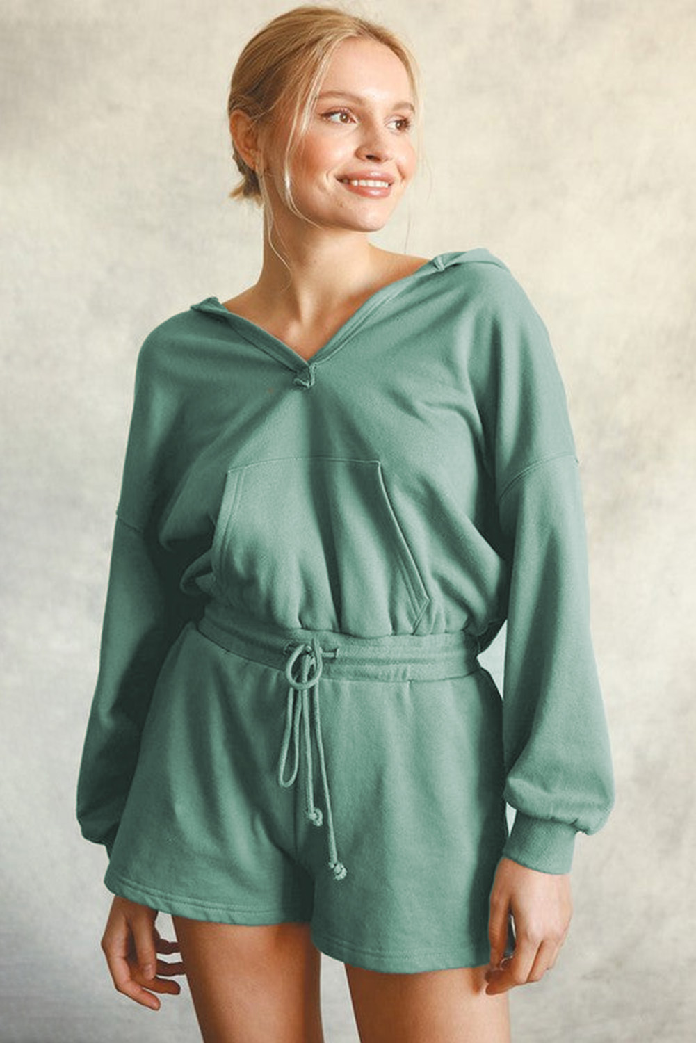 US$ 13.29 Drop-shipping Blue French Terry Hoodie Romper for Women