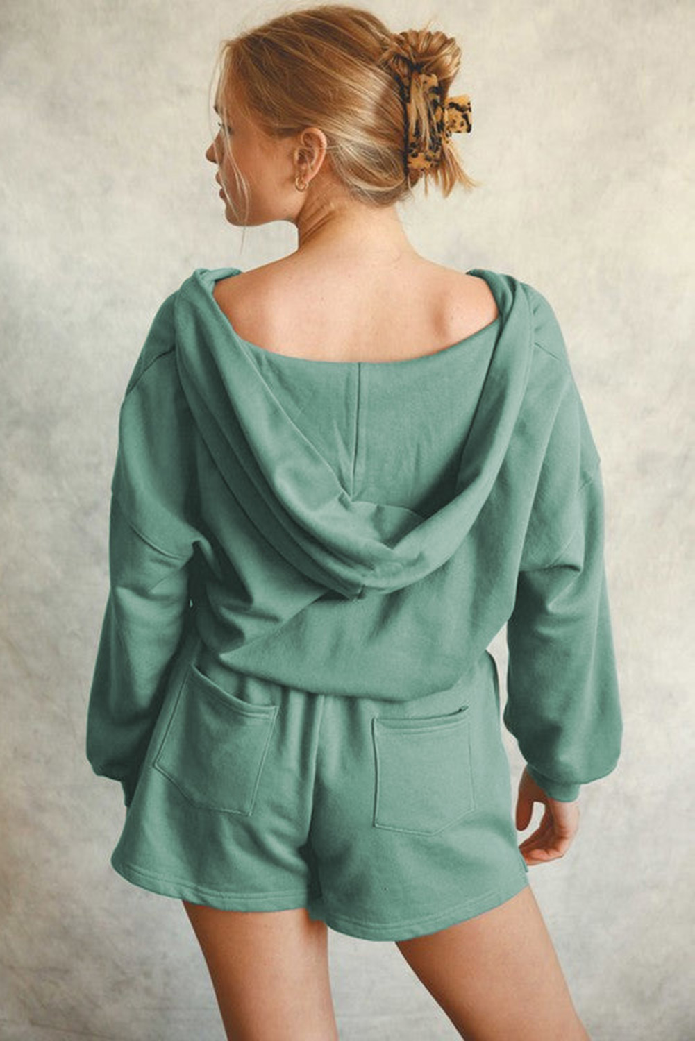 US$ 13.29 Drop-shipping Blue French Terry Hoodie Romper for Women