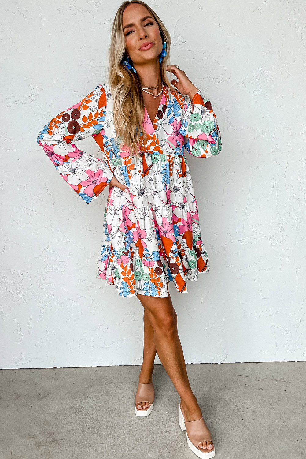 US$ 8.63 Drop-shipping White Floral Tiered Mini Dress for Women