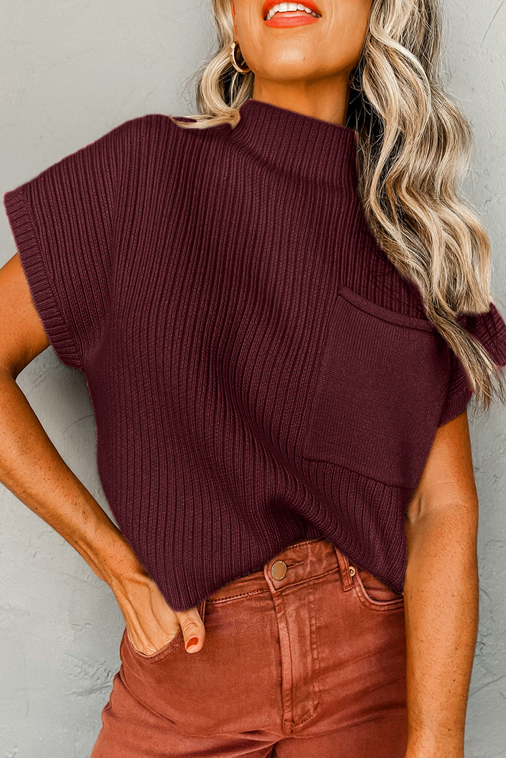 Lindsey Patch Pocket Ribbed Knit Short Sleeve Sweater
