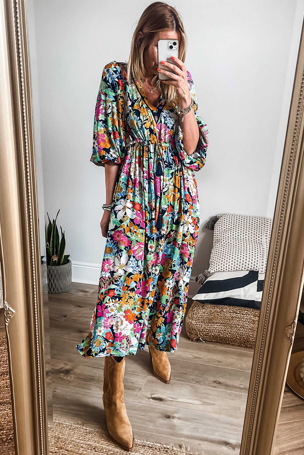 Green Geometric Print Floral Puff Sleeve Dress