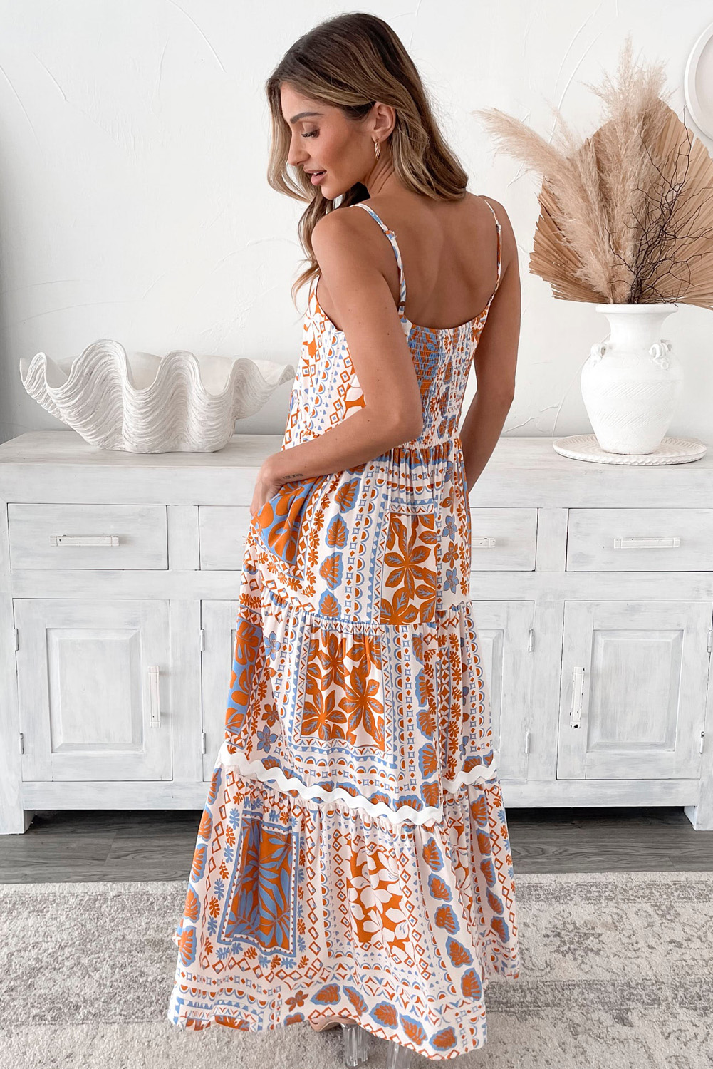 TILE PATTERN SPAGHETTI STRAP MAXI SUNDRESS