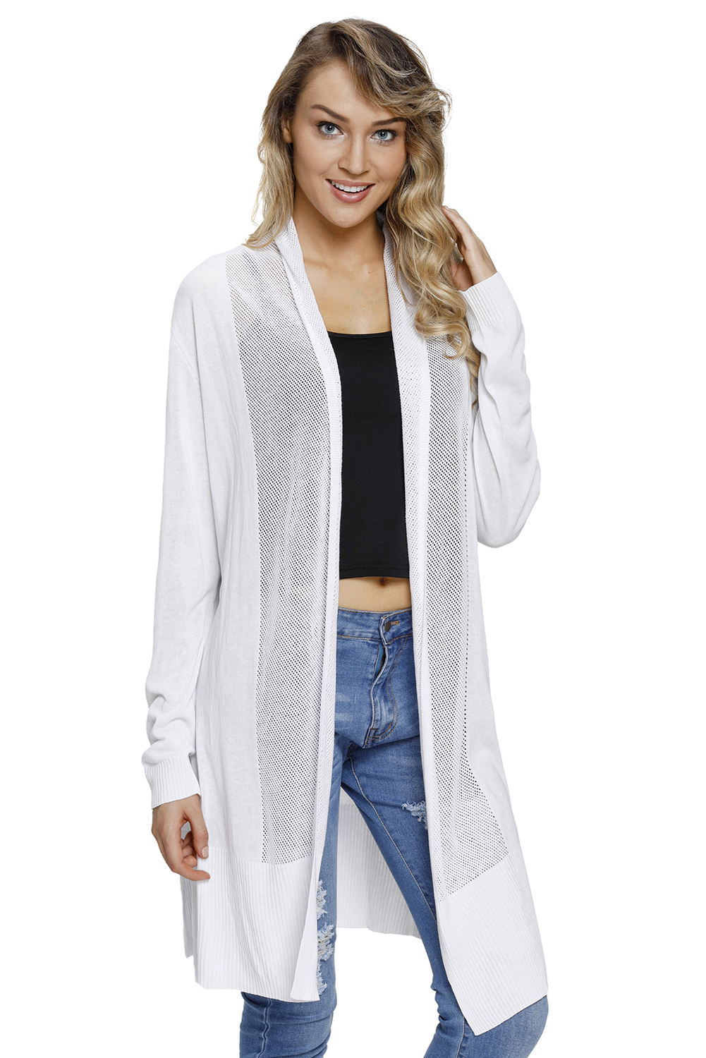 US$ 11.48 Drop-shipping White Mesh Spliced Long Cardigan for Women for ...