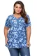 Blue Butterfly Print Pin Tuck Plus Size Blouse