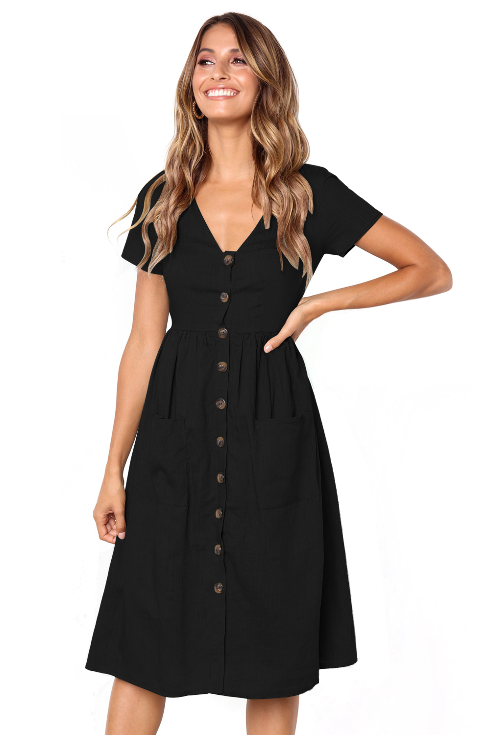 US$ 10.33 Drop-shipping Black Stylish Button Front Midi Dress with ...