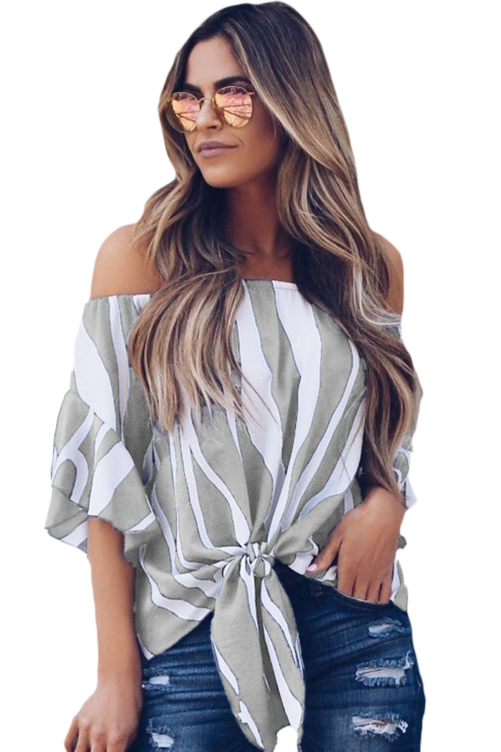 US$ 6.88 Drop-shipping Off The Shoulder Vertical Stripes Blouse in Grey ...
