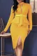 Yellow Long Sleeve Mid-Calf Falbala Asymmetrical Pullover Dress