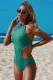 Green Frilled Neck Cut-out Ribbed One-piece Swimwear