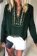 Green Boho Embroidered V Neck long Sleeve Casual Top