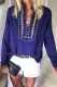 Blue Boho Embroidered V Neck long Sleeve Casual Top