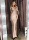 Apricot Long Sleeve V Neck Twist Ruched Sequin Party Maxi Dress