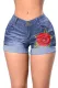 Rose Embroidered Turnup Cuff Blue Denim Shorts