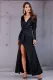 Black Long Sleeve V Neck Wrapped Sequin Bodice Long Party Dress
