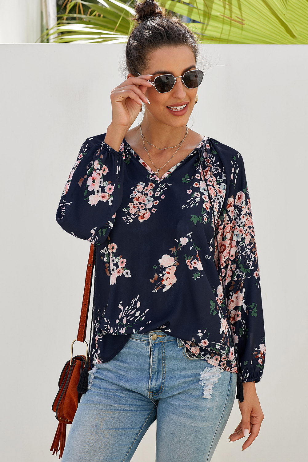 US$ 7.71 Drop-shipping Blue Floral Print Peasant Blouse for Women
