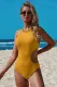 Yellow Frilled Neck Cut-out Ribbed One-piece Swimwear