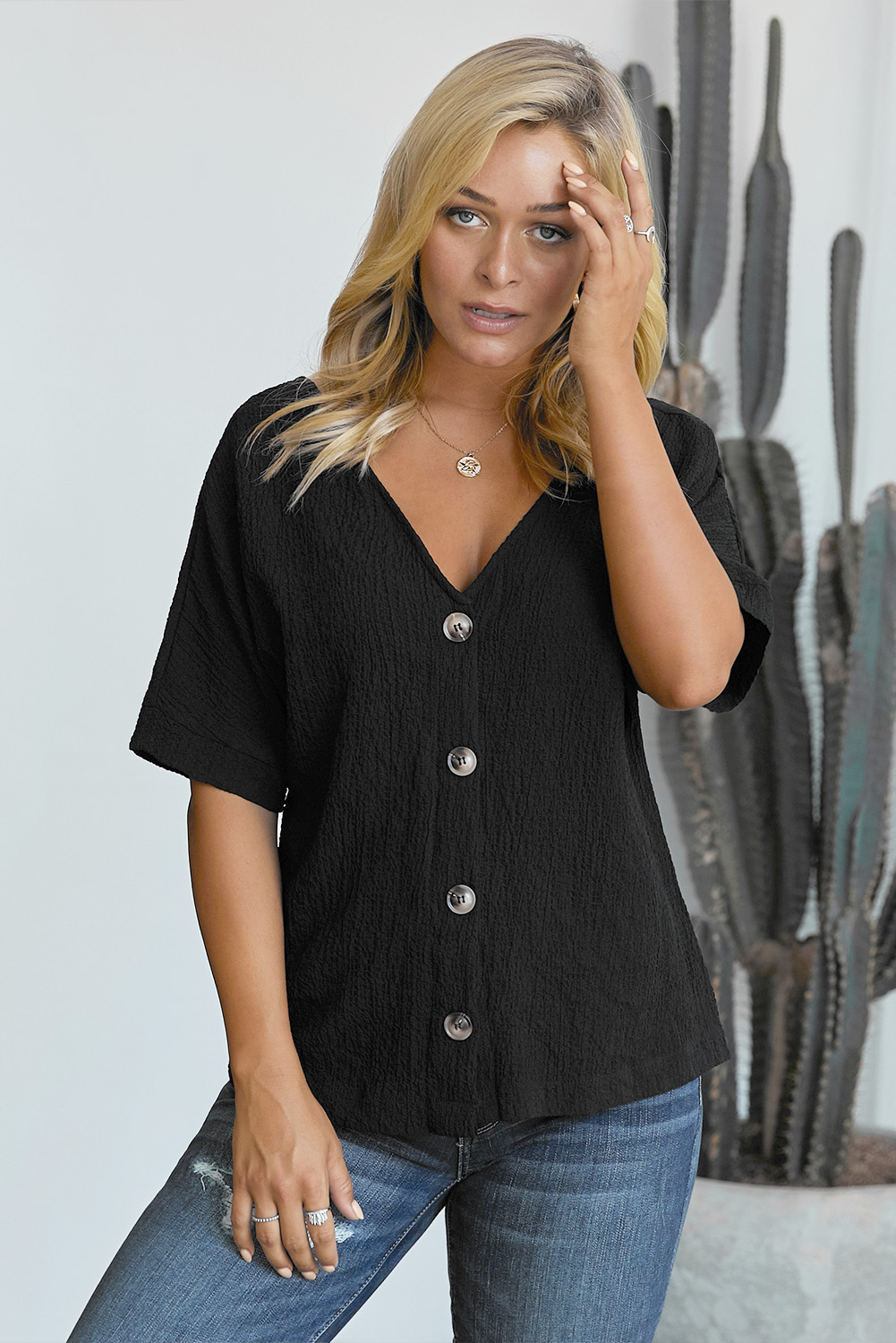 Threaded Pear Clara V Neckline Crinkled Blouse