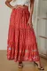 Red Boho Floral Print Elastic High Waist Pleated A Line Maxi Skirt
