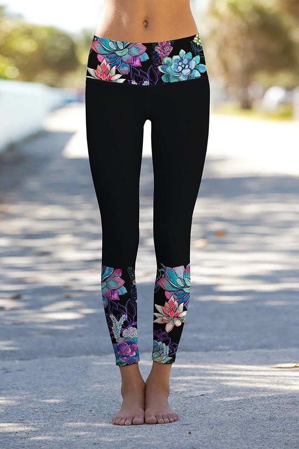 US 3.44 Dropshipping Black Floral Printed Details Leggings Yoga Pants for Women