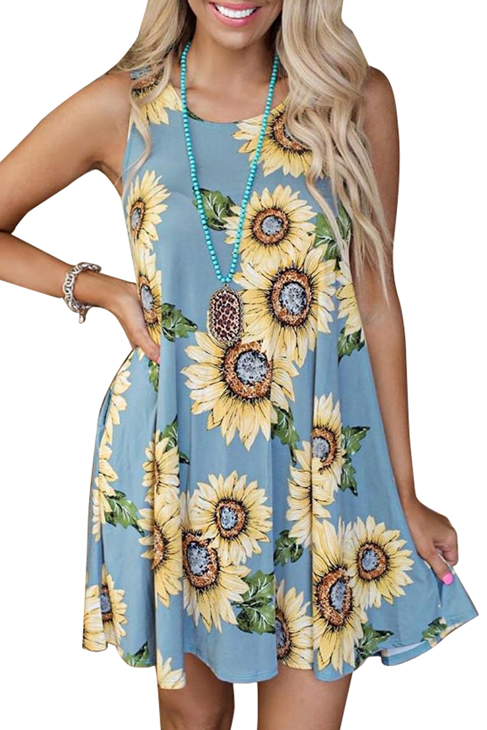 US$ 7.13 Drop-shipping Blue Sunflower Print Tank Dress for Women