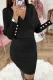 Black Wrap V Neck Batwing Sleeves Ribbed Sweater Dress