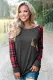Red Plaid Splicing Sequined Pocket Long Sleeve Top