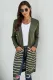 Green Open Front Long Sleeve Striped Cardigan