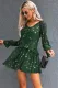 Green Shimmer Ruffle V Neck Stars Print Long Sleeve Casual Short Dress