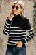 Black Striped Turtleneck Long Sleeve Sweater with Buttons