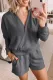 Gray Waffle Texture V Neck Long Sleeve Hoodie & Shorts Two-Piece Loungewear