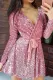 Pink Sequin Deep V Long Sleeve Evening Dress with Waist Tie