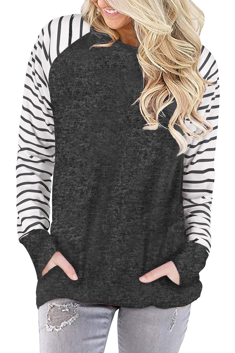 US$ 7.94 Drop-shipping Gray Pocketed Striped Raglan Sleeves Sweatshirt ...