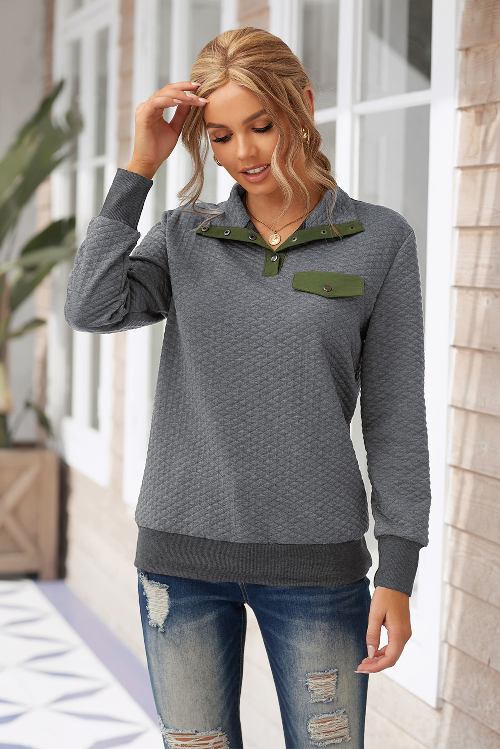 US$ 9.09 Drop-shipping Dark Gray Quilted Snaps Stand Neck Sweatshirt ...