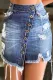 Light Blue Distressed Button Front Ripped A-Line Denim Short Skirt