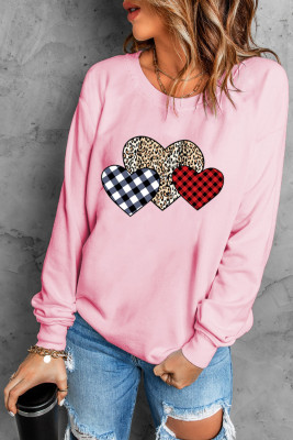 Pink Plaid Leopard Hearts Print Drop Sleeve Pullover Sweatshirt