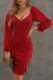 Fiery Red Wrapped Bodice Bubble Sleeve Bodycon Mini Dress with Slit